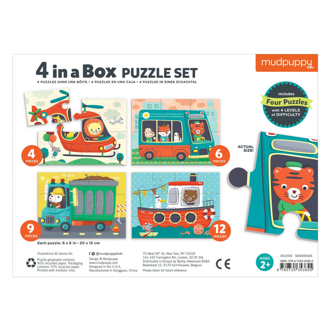 Mudpuppy 4-in-a-Box Puzzle Set packaging with illustrations of puzzles and Mudpuppy logo.