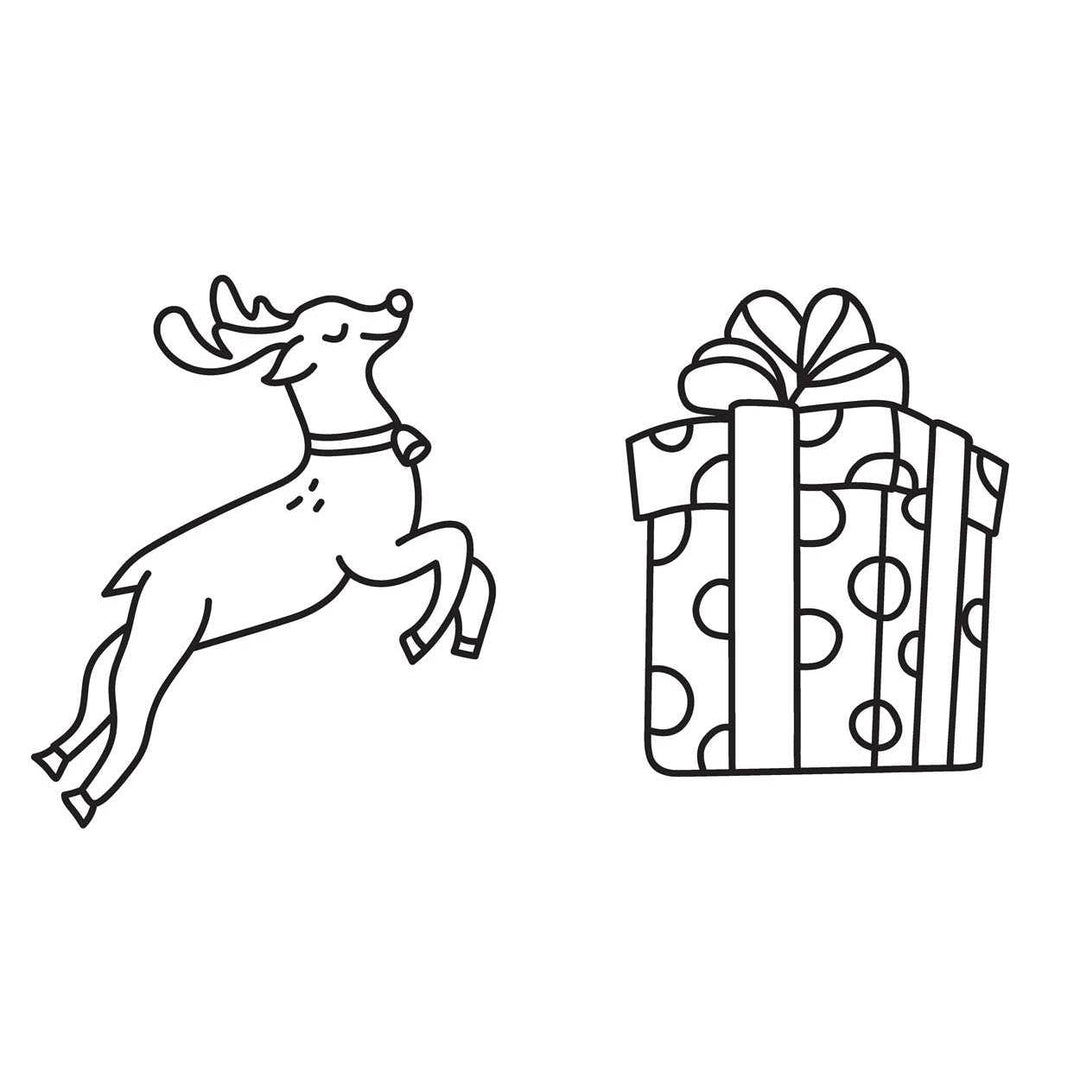 Black and white illustration of a reindeer and a gift box on a white background