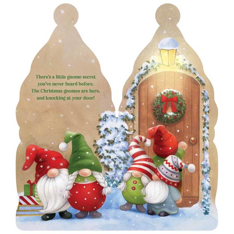 Christmas-themed book with gnomes and a door with a wreath, featuring text.