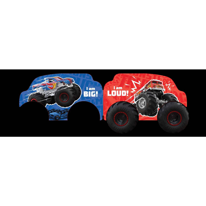 inside of the book: Two toy monster trucks, one blue and one red, with text on a black background.