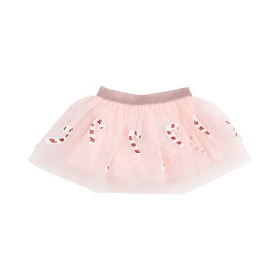 light pink tutu with elastic waistband and sequin candy canes along the bottom. 