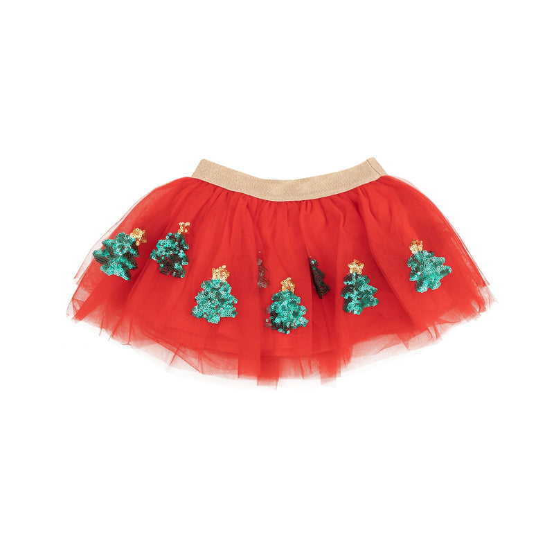 red tutu skirt with green sequin trees on it . gold waistband