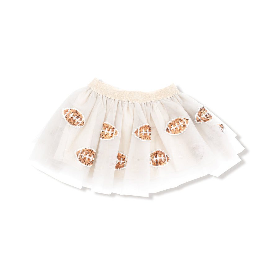 White tutu skirt with sequin football patterns on a white background