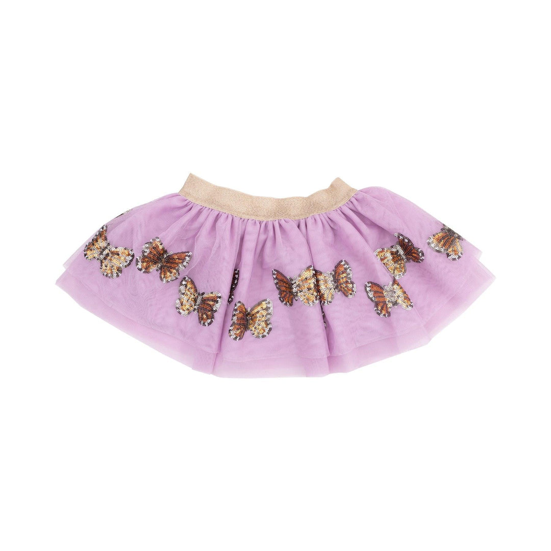 purple tutu skirt with orange sequin monarch butterfly appliques all along the bottom of the skirt