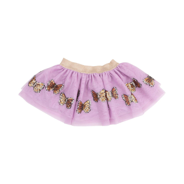 purple tutu skirt with orange sequin monarch butterfly appliques all along the bottom of the skirt