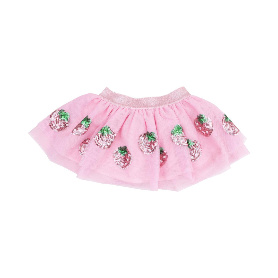 pink tutu skirt with sequin strawberries all along the bottom