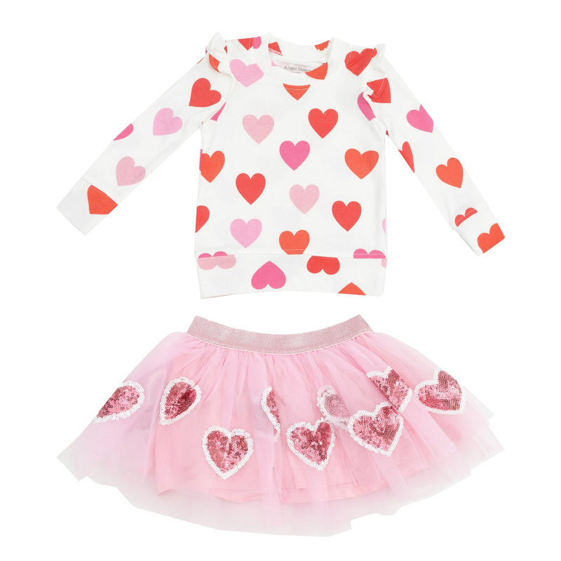 ruffle shoulder sweatshirt with red and pink hearts on them with a pink tutu skirt with pink glitter hearts