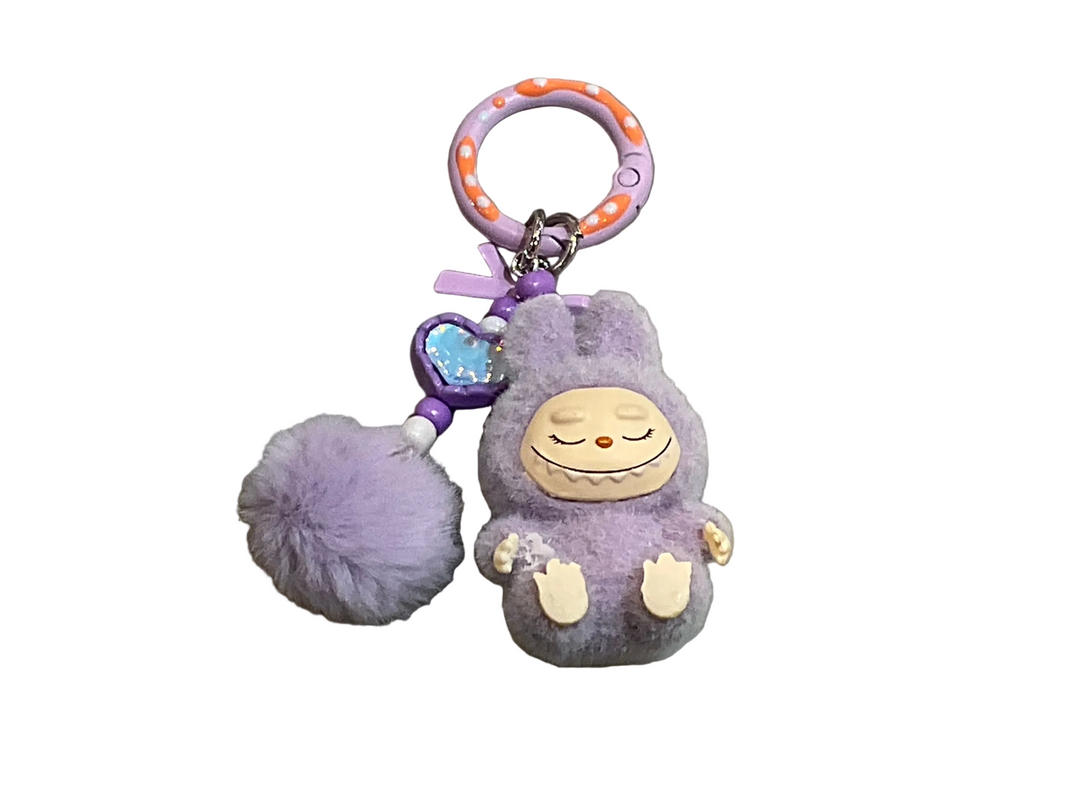 Key Chain | Flocked Mini Labubu Inspired Heart Keychain- Purple | Little Trendy