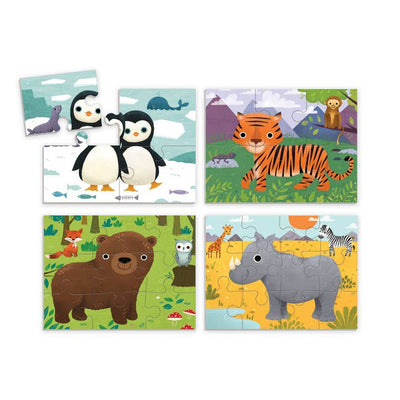 4 puzzles in a box set: penguin, tiger, rhino and bear are each puzzle theme