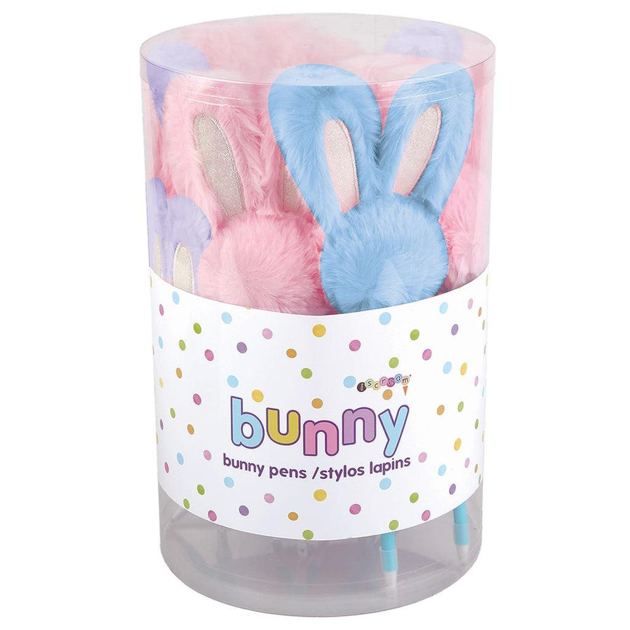 assorted pens with bunny head toppers: Pink, blue, and purple. 