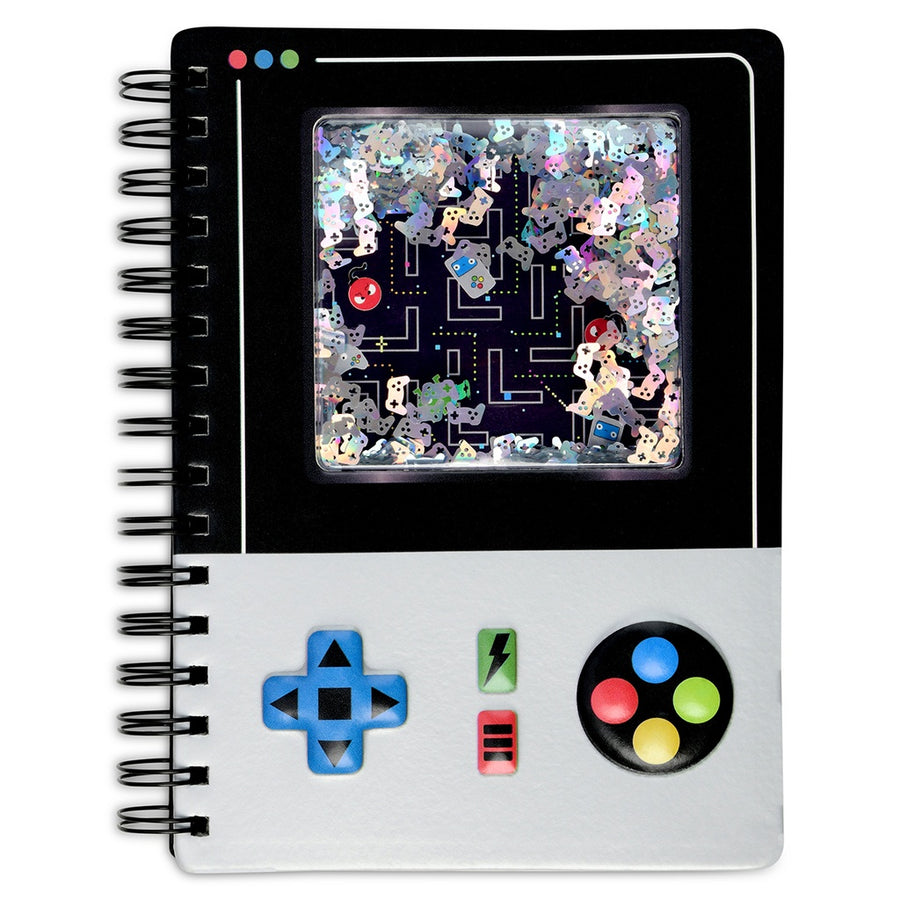 Notebook with game controller design and transparent panel with colorful graphics on a white background