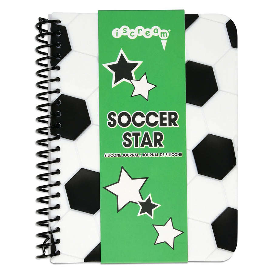 Silicone journal with soccer ball design and 'iscream' branding