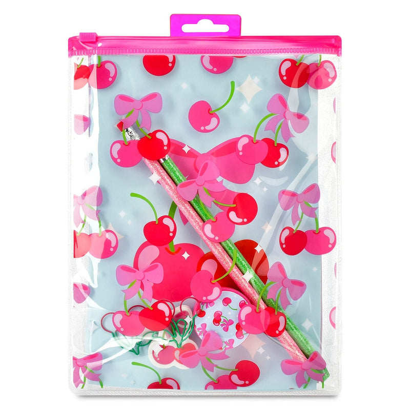 cheerful cherries stationery set. clear package with cherries printed on it, 2 pencils, stickers and stationery 