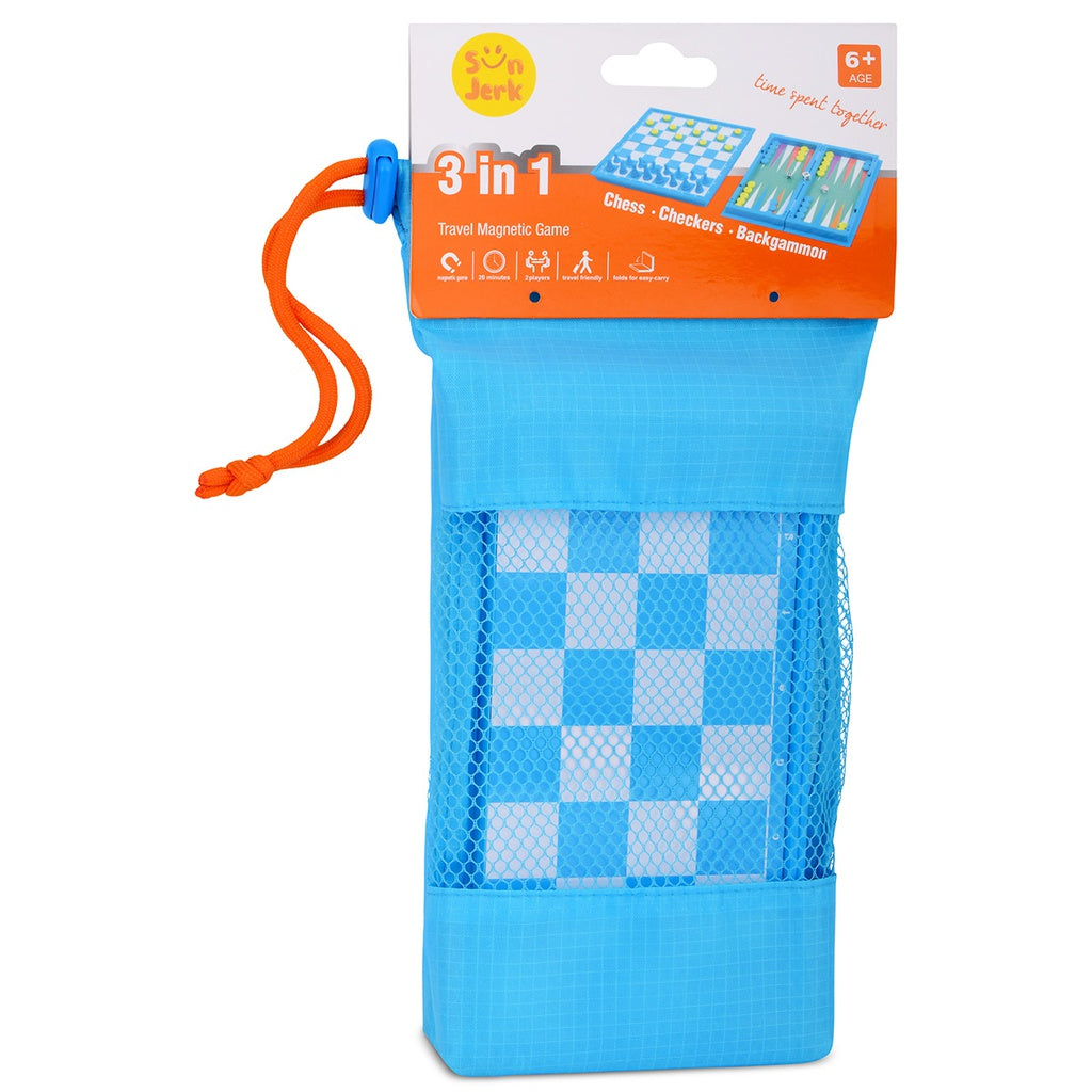 Blue mesh pouch with checkered pattern and orange handle, featuring a 3-in-1 travel magnetic game packaging.