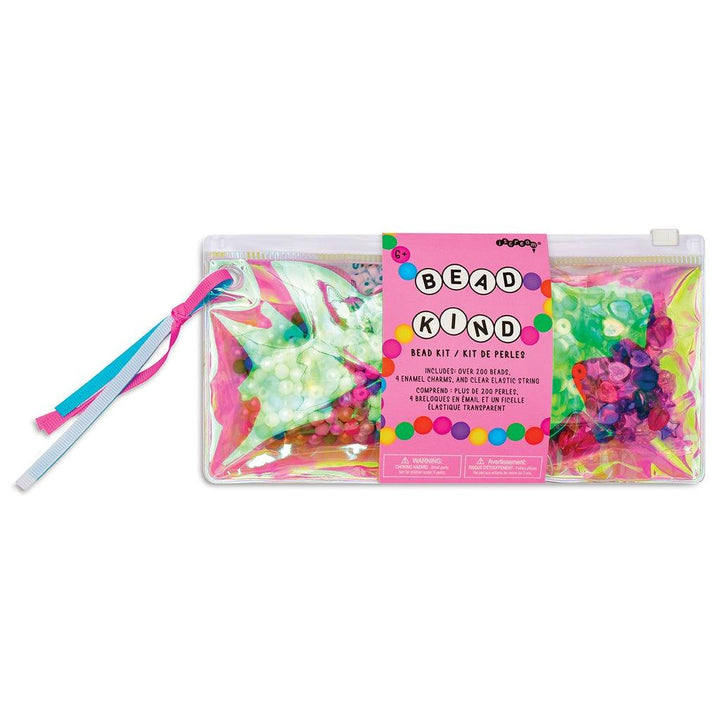 bead kit in a plastic zip pouch with all different kinds of beads to make jewelry with. It says "Bead Kind" on the front