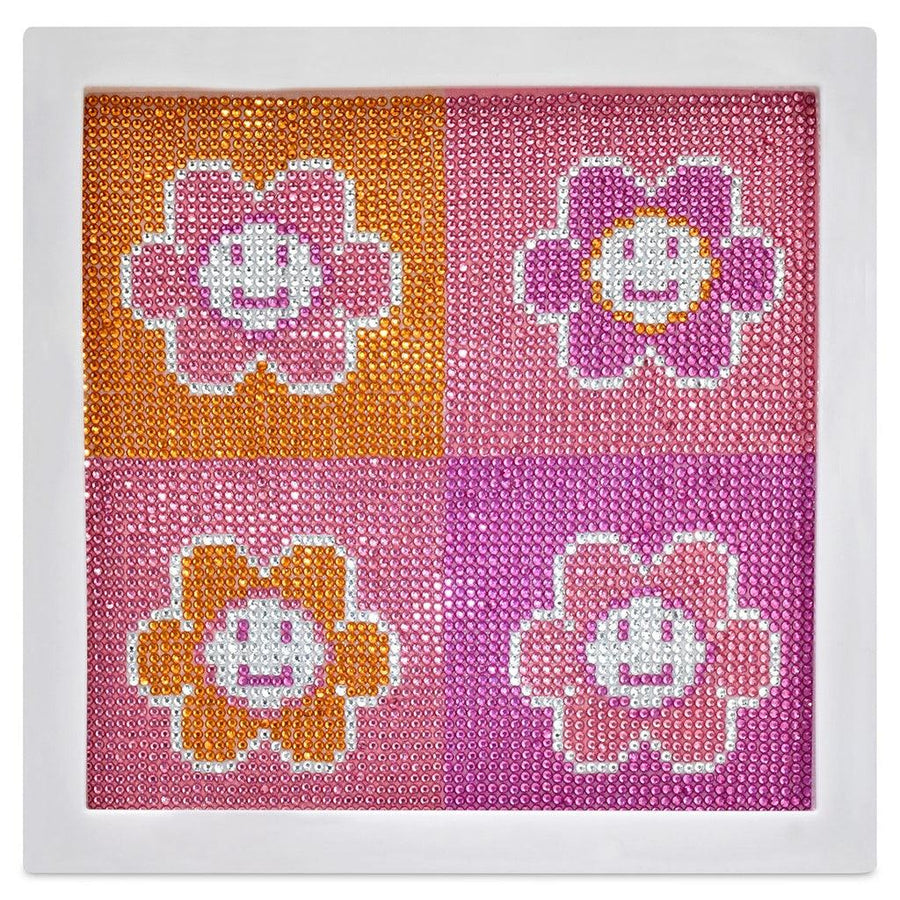 smiley face painting where the smiley faces are in the middle of flowers. the colors in the painting are pink, lavender and orange. 