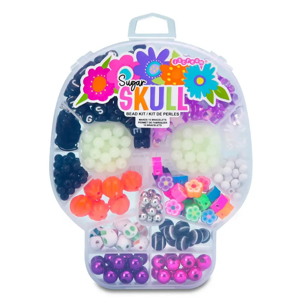 Bead kit packaging shaped like a sugar skull with colorful beads inside, on a white background.