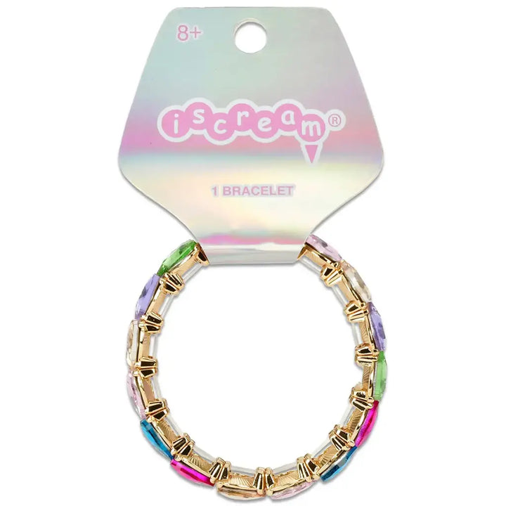 Colorful bracelet with gold accents on a 'iScream' branded card.
