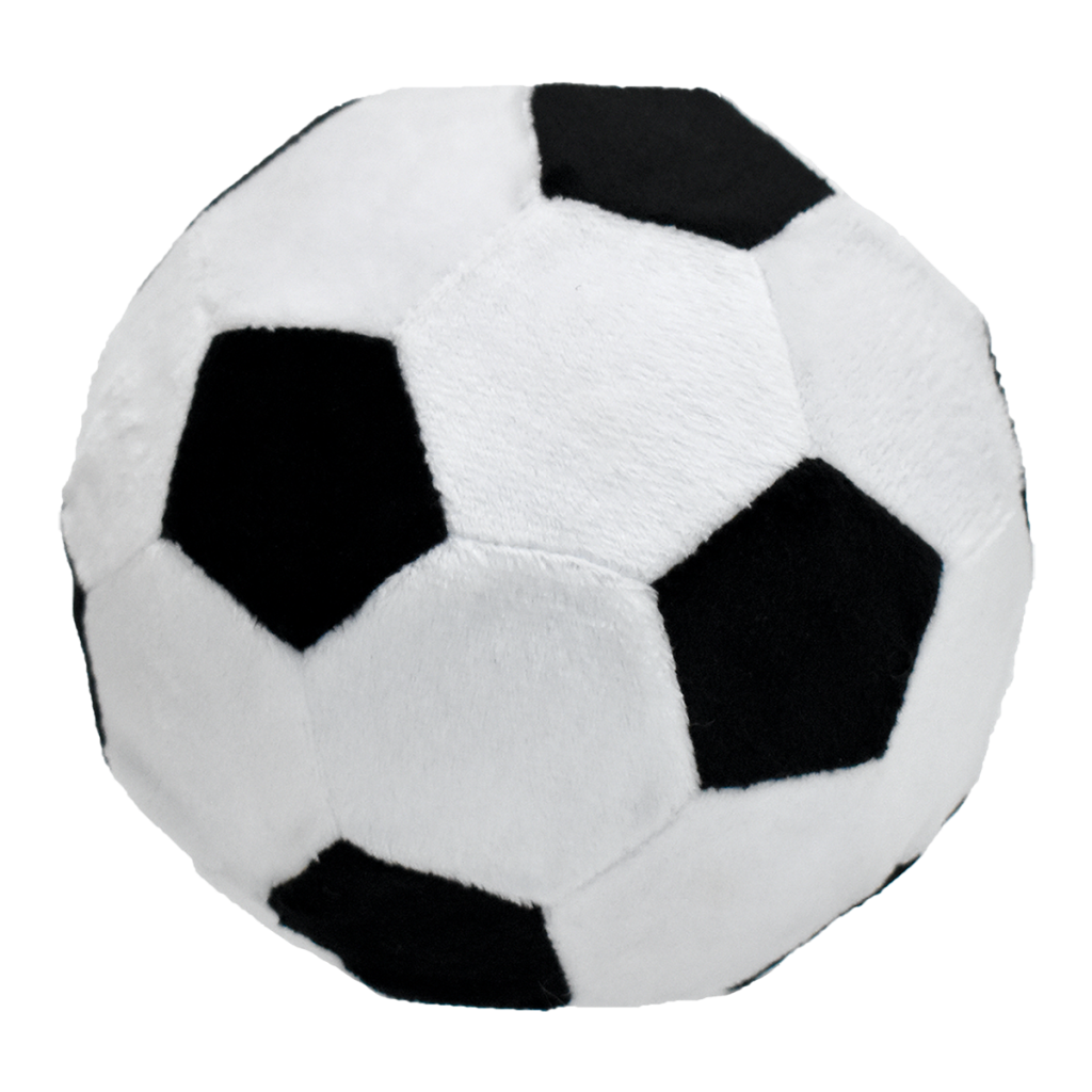 Plush soccer ball with black and white pattern on a white background