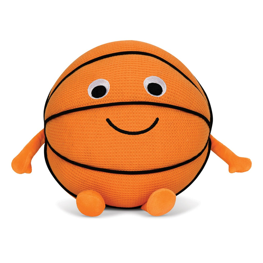 Plush toy shaped like a basketball with a face on a white background