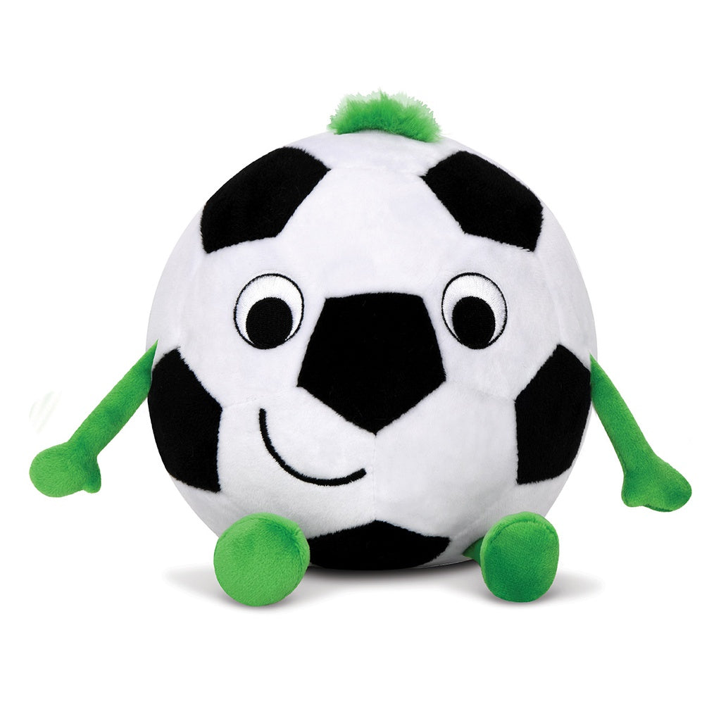 Plush toy soccer ball with black and white pattern and green legs and feet on a white background