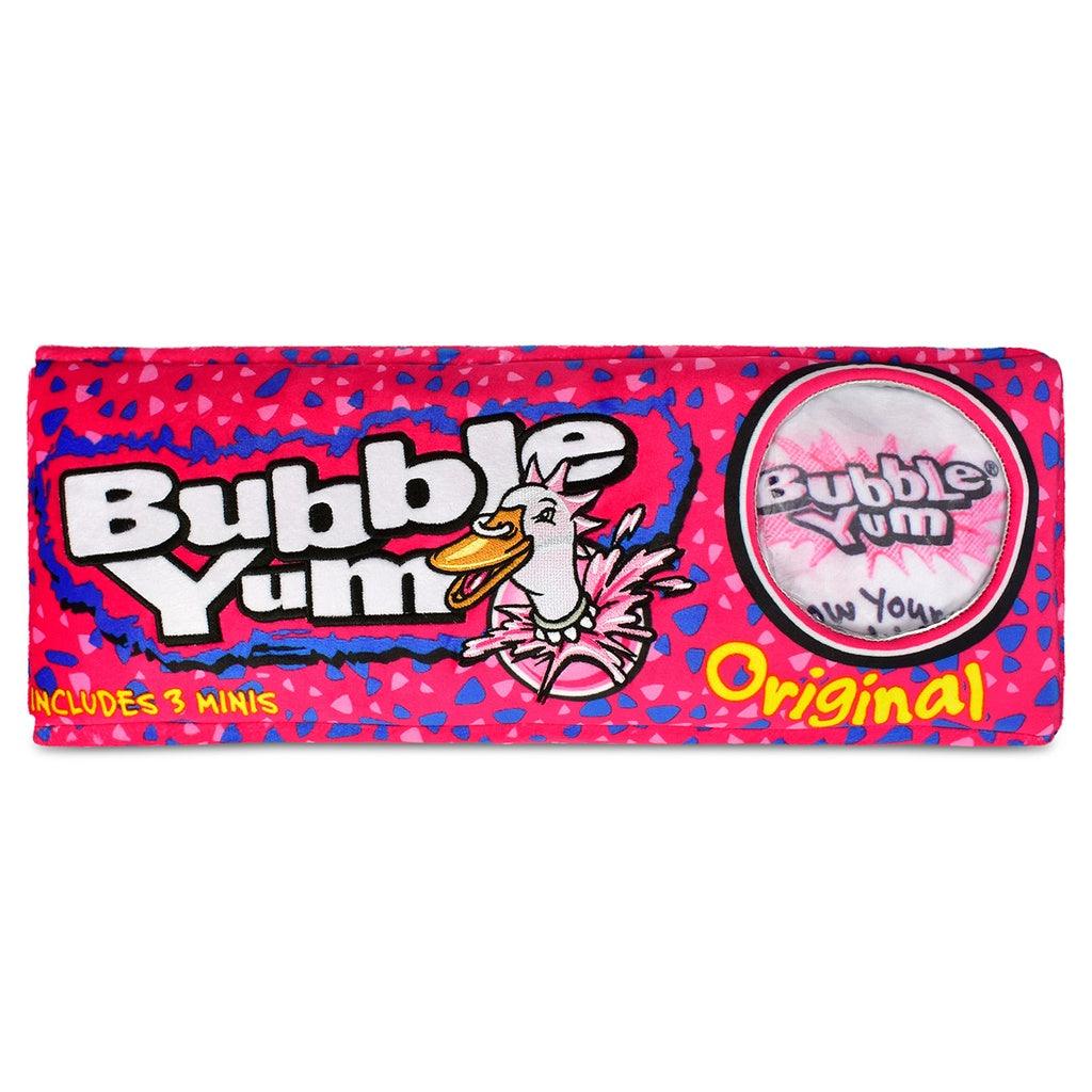 plush bubble yum packaging with 3 mini pieces of gum in a wrapper on the inside of the plush