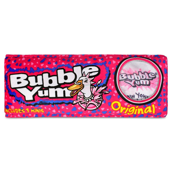 plush bubble yum packaging with 3 mini pieces of gum in a wrapper on the inside of the plush