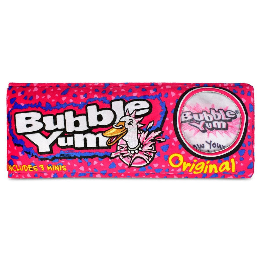 plush bubble yum packaging with 3 mini pieces of gum in a wrapper on the inside of the plush