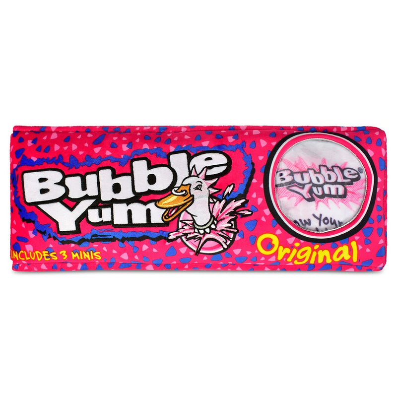 plush bubble yum packaging with 3 mini pieces of gum in a wrapper on the inside of the plush