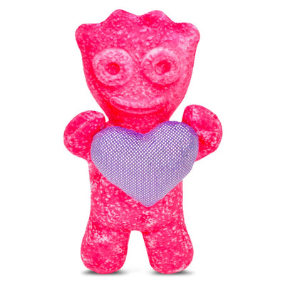 pink sour patch kid carrying a purple heart