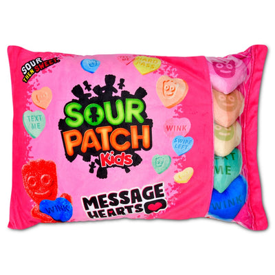 plush sour patch message hearts. the color of the packaging is pink and hot pink. the plush candy inside are conversation hearts. 