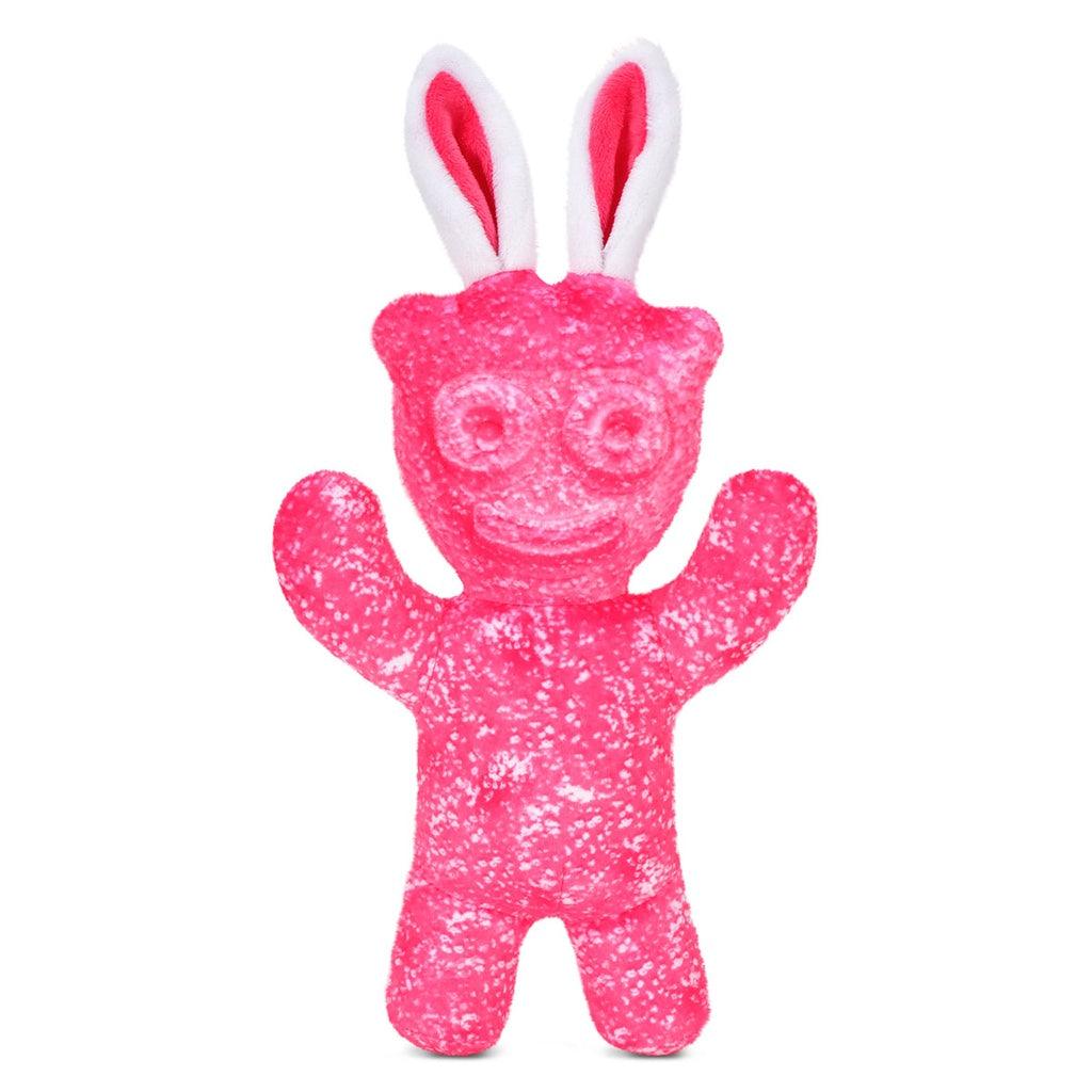 plush pink sour patch kid wearing bunny ears.