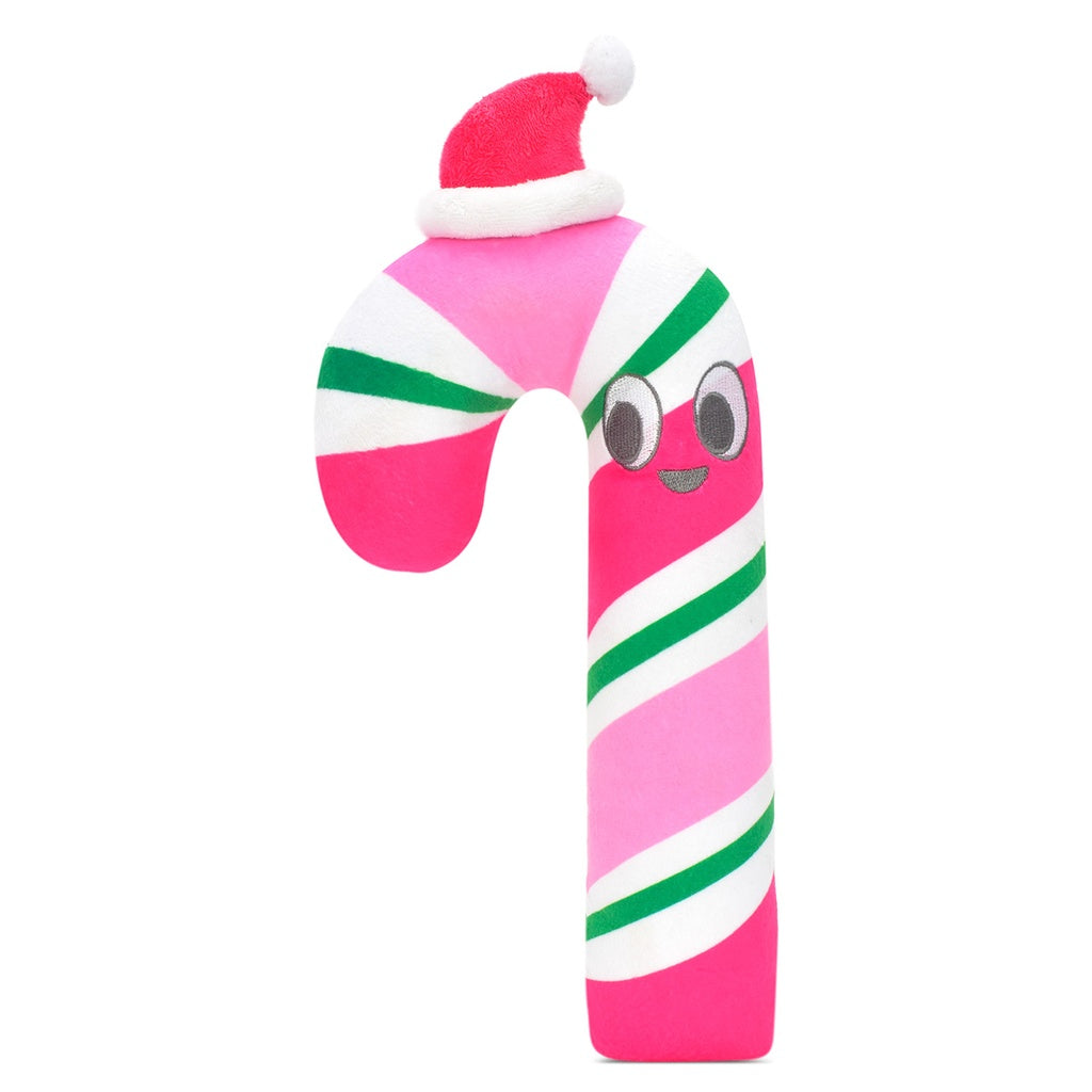 Toy resembling a candy cane with a face, pink and green stripes, and a Santa hat on a white background.
