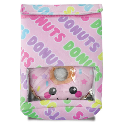 pink plush donut in a to go bag that says "Donuts" all over it. 