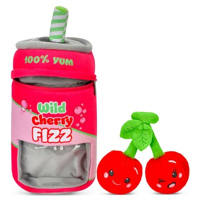 plush red can with straw that reads ' wild cherry fizz' on the front of the can. has plush cherries inside with smiley faces on the front of the cherry.