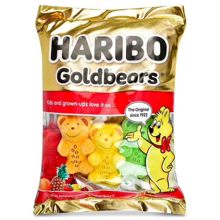 gummy bear packaging with multi colored classic gummy bears inside a plush bag