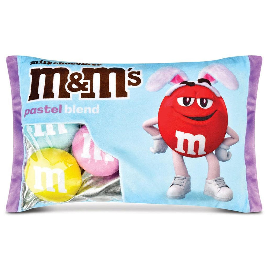 m and m plush packaging in Easter theme candies: pink, yellow and blue. 