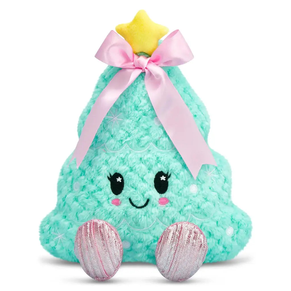 Plush christmas toy with a smiling face, pink bow, and star on a white background