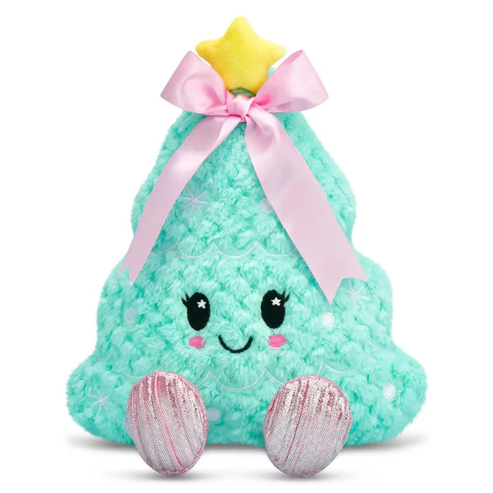 Plush christmas toy with a smiling face, pink bow, and star on a white background