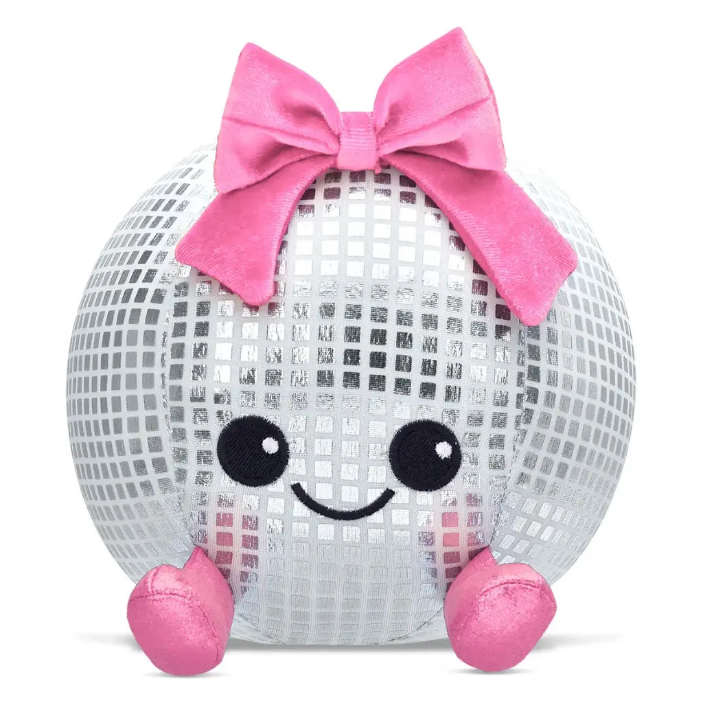Plush toy shaped like a disco ball with a pink bow and legs on a white background