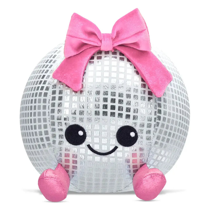 Plush toy shaped like a disco ball with a pink bow and legs on a white background
