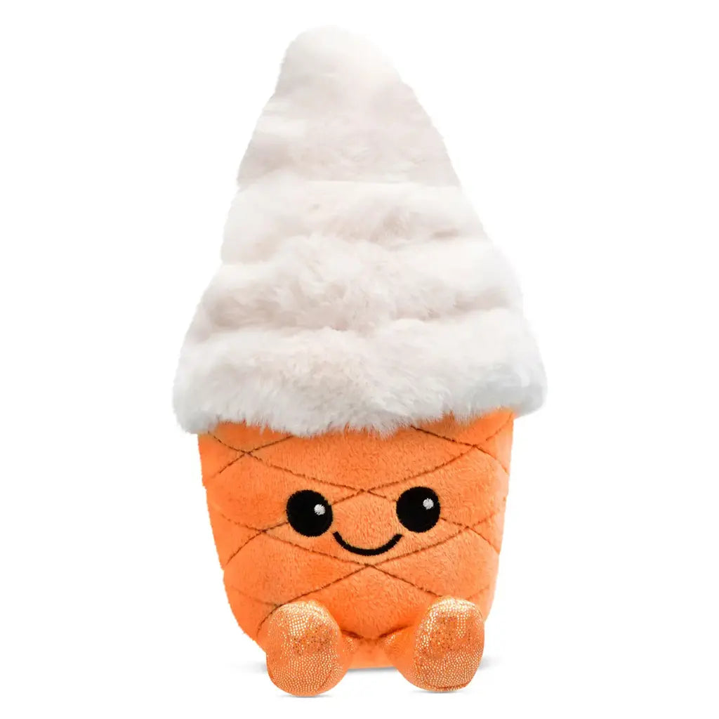 Plush toy resembling a soft serve ice cream with a white top on a white background