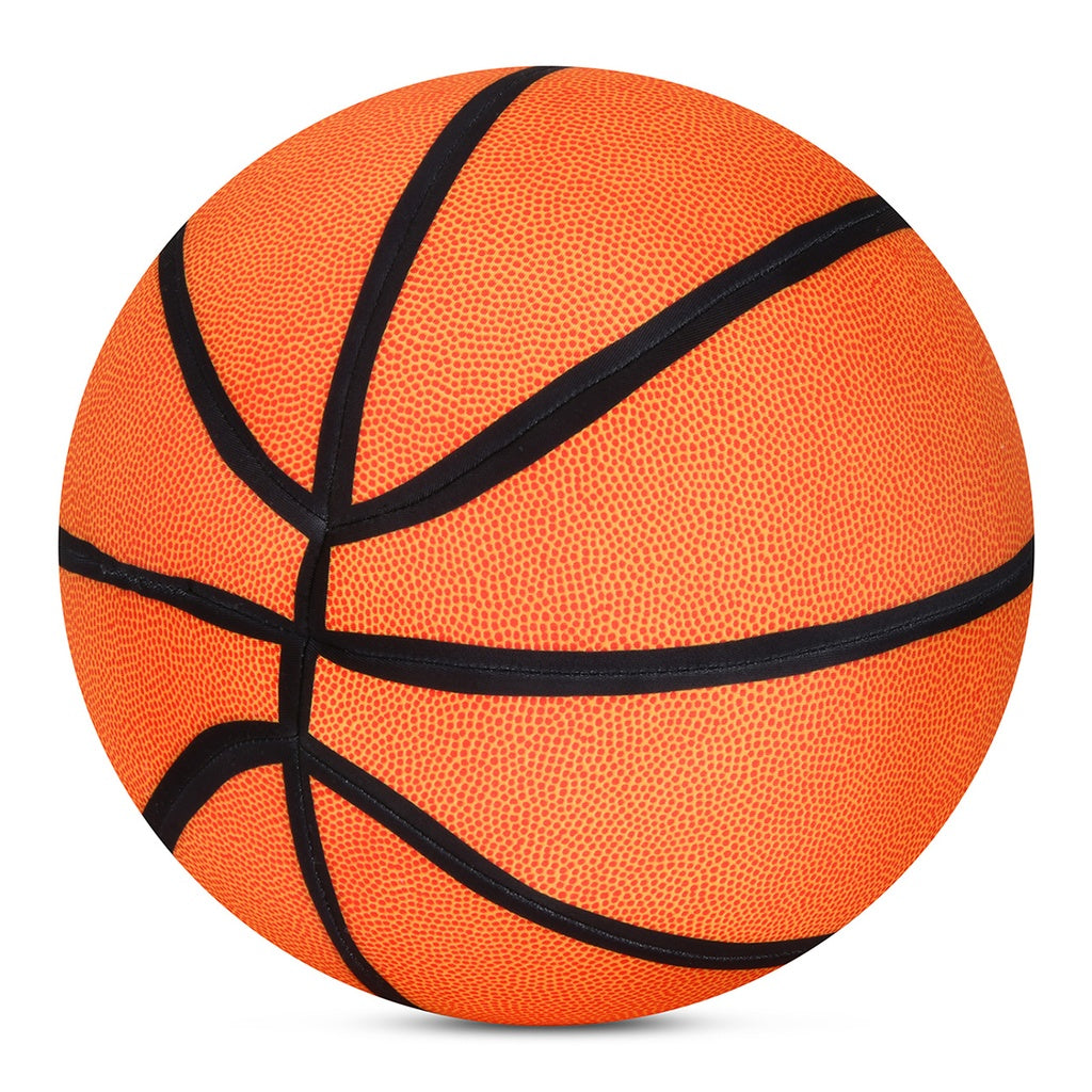 plush Basketball pillow with orange leather and black rubber bands on a pillow 