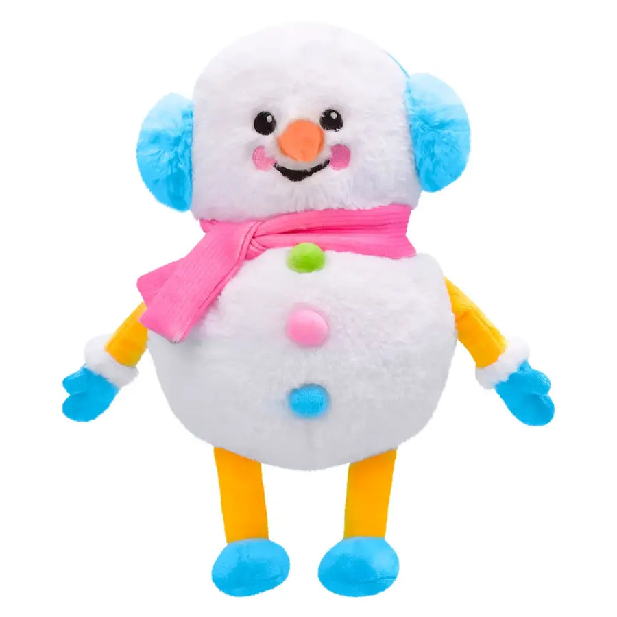 Colorful plush snowman toy with a pink scarf on a white background