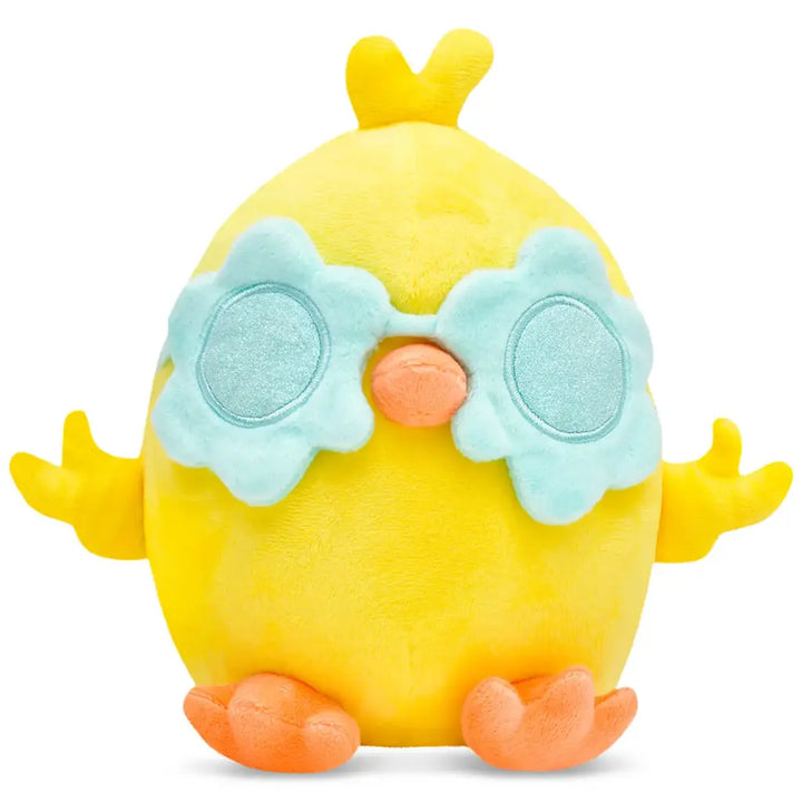 Yellow plush toy with blue sunglasses and orange feet on a white background