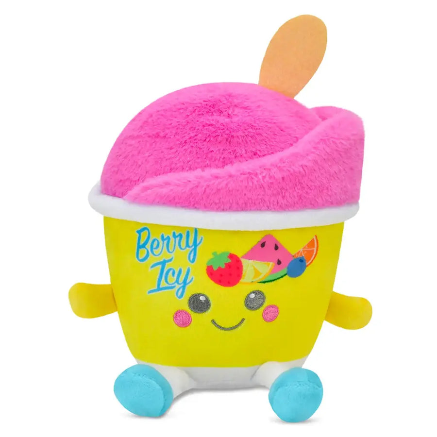 Plush toy resembling a berry icy treat with pink top and yellow cup on a white background