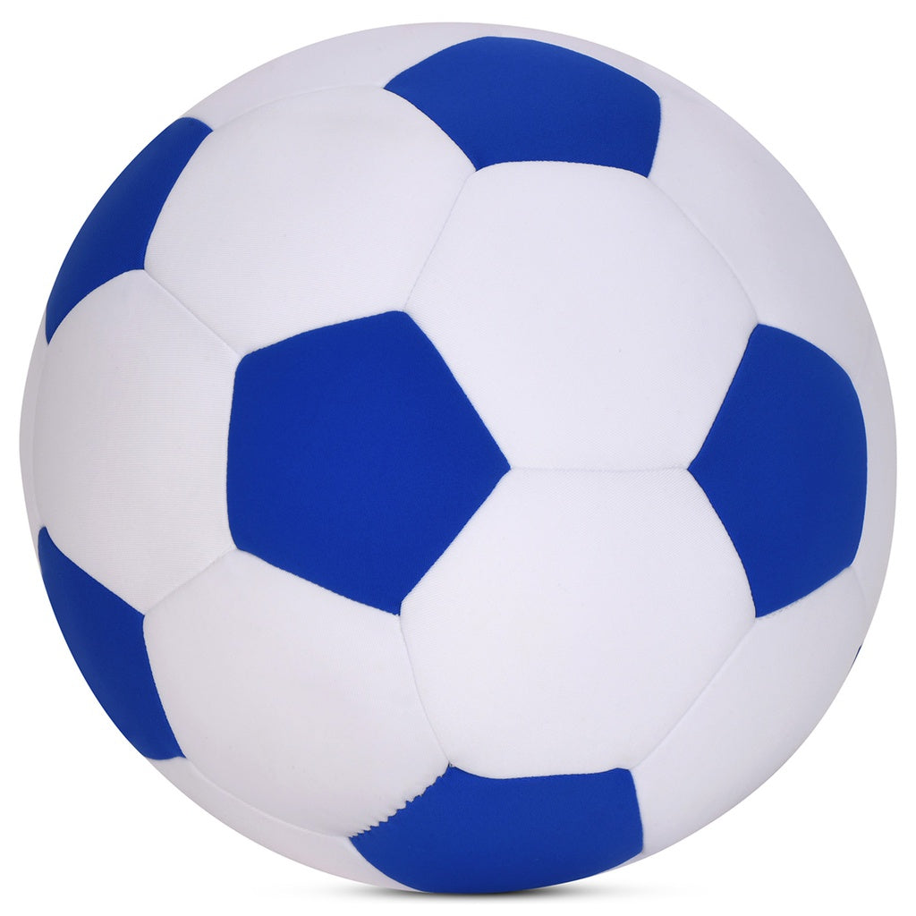 White soccer ball with blue patches on a white background