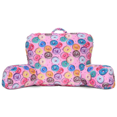 pink lounge pillow with high back and arms attached to the pillow. perfect for leaning up against to read or do homework