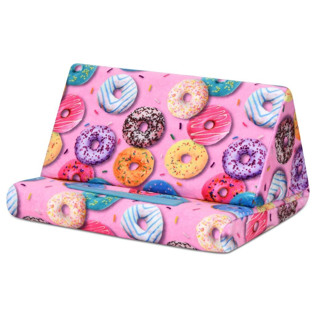 pink donut print tablet pillow. pink background with different colors donuts all over the pillow. 