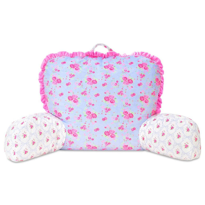 lounge pillow with blue and pink floral pattern as the main part of the pillow and arm rests with white background and pink and blue floral pattern. 